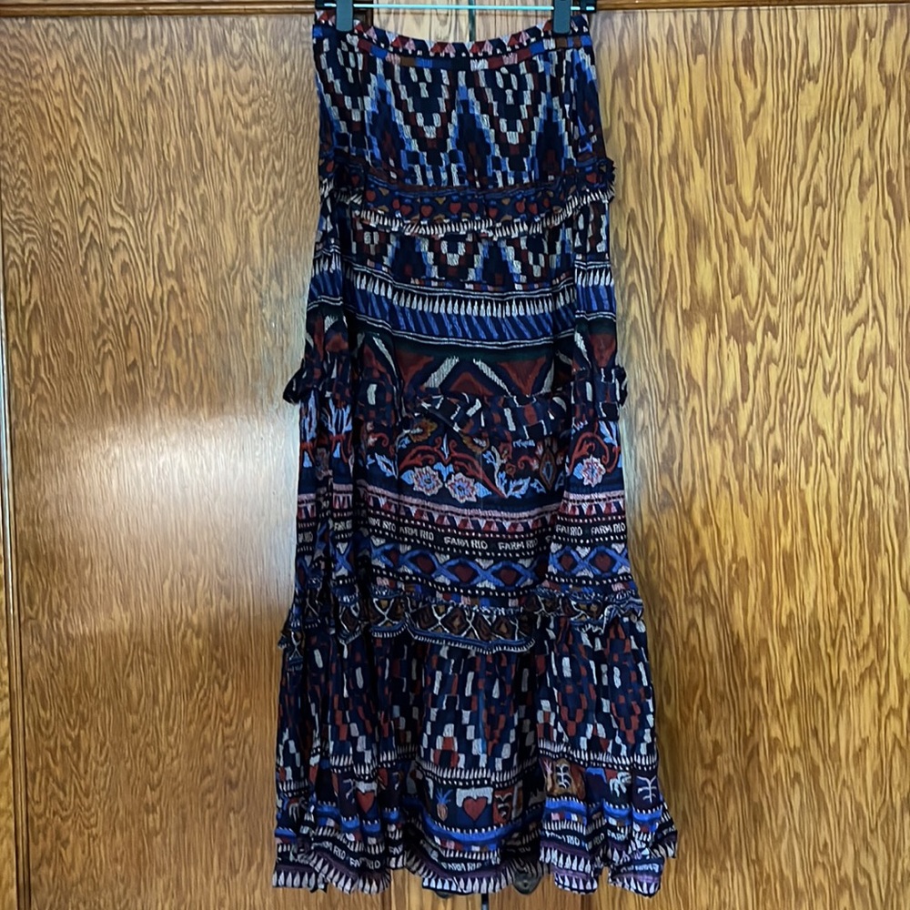 Farm Rio Ainika Tapestry Blue Maxi Skirt Tiered Size M - Picture 10 of 16